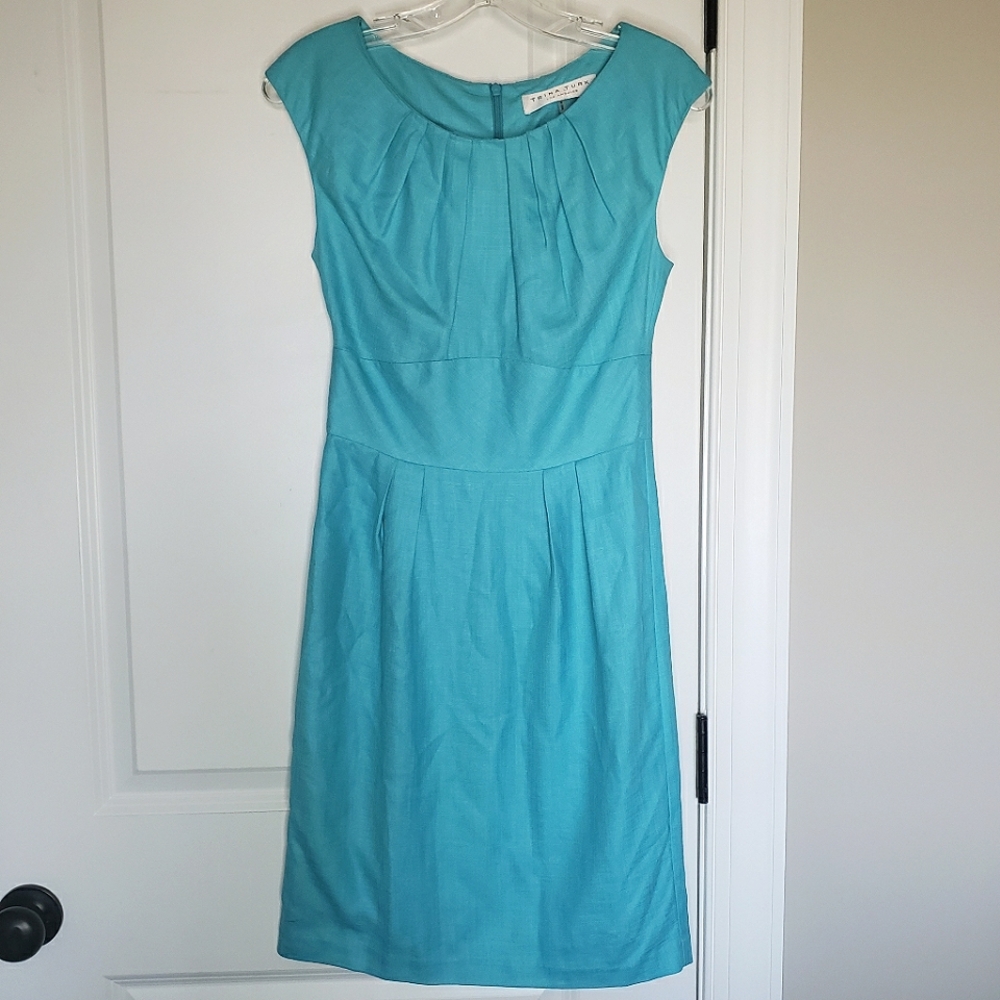 Trina Turk Aqua Blue Pleated Neck Cap Sleeve Sheath Dress 2